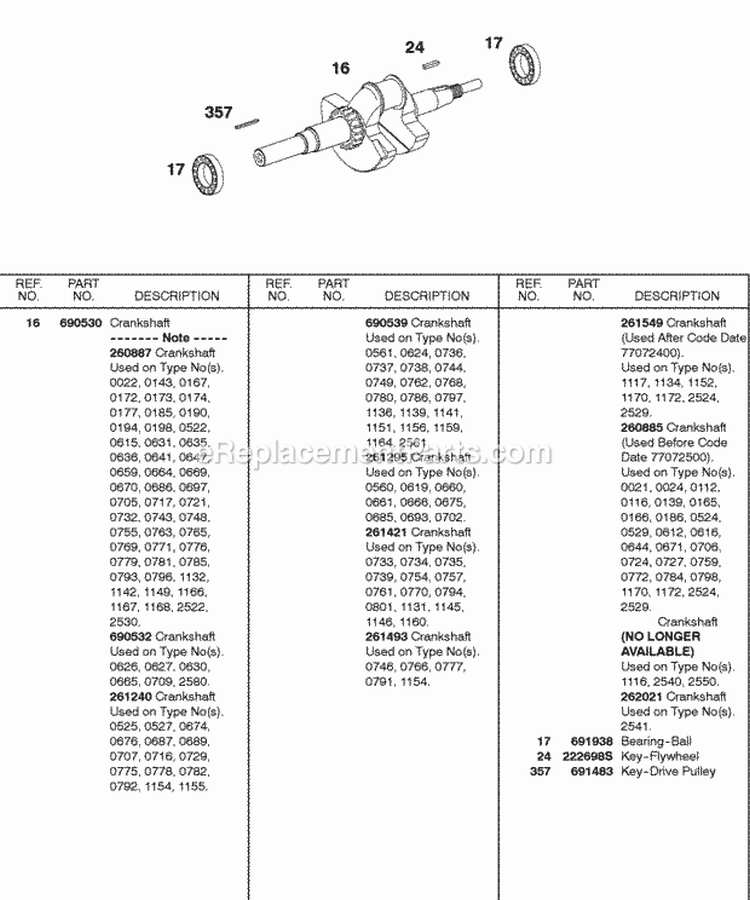 Crankshaft Diagram and Parts List for  Briggs and Stratton Engine